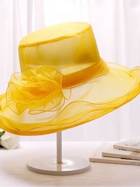 Women's Yellow Organza Wide-Brim Fashion Hat with Flower Trim